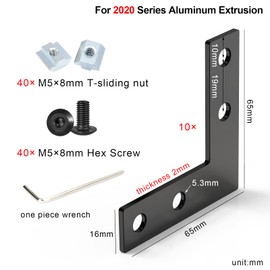 10Sets Black L Connector Brackets,Including 40Pcs M5 T-Slot Sliding Nuts, 40Pcs M5x8mm Hex Socket Cap Screw Bolt,for 6mm Slot 2020 Series Aluminum Profile Extrusion