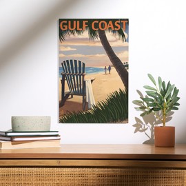 Lantern Press 12x18 Inch Premium Wood Sign, Ready to Hang Wall Decor, Gulf Coast, Adirondack Chairs and Sunset