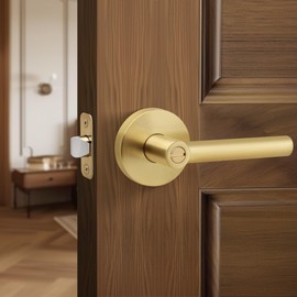 Moquin Brass Gold Heavy Duty Round Design Door Lever, Keyless Privacy Door Handle in Gold, Reversible Door Lock for Bathroom Bedroom Door