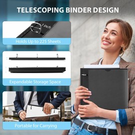 WOT I Telescoping 3 Ring Binder 1 Inch 4PCS, Flexible Binder with Expandable Spine+Customized Front Cover+Clear Catalog Pocket, D Rings Holds 225 Sheets, School Office Binder Supplies, Black