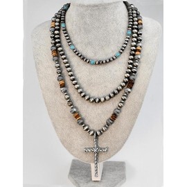 Vintage Turquoise Texture Cross Design Pendant Necklace, Unisex Boho Style Beaded Necklace, Jewelry for Women, Fashion Jewelry Accessories for Women & Men, Gifts for Girlfriend