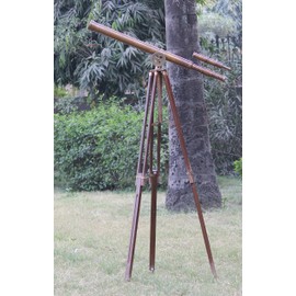 Antique Brass Double Barrel Telescope – 39" Floor Standing Nautical Spyglass with Wooden Tripod Vintage Marine Decor & Home Office Collectible