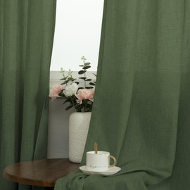 Olive Green Boho Curtains 84 Inch Length for Living Room 2 Panels Set Grommet Aesthetic Neutral Linen Cotton Drape Semi Sheer Lightweight Army Moss Loden Green Curtain for Bedroom Dining 52x84 Long