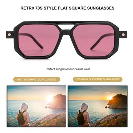Gleyemor Vintage Square 70s Flat Aviator Sunglasses for Women, Retro Stylish Rectangle Sunglasses for Men (Black/Clear Pink)