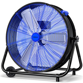 VAGKRI 24 Inch Industrial Drum Fan, 320W High Velocity Floor Fan, 3 Speed Heavy Duty Metal Air Circulator, 360° Tilt with Casters Handle ETL Standard for Patios, Warehouse, Commercial,Basement (Blue)