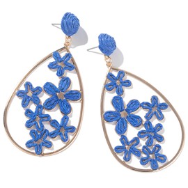 Flower Teardrop Earrings Boho Raffia Earrings Cute Floral Daisy Drop Earrings Trendy Summer Statement Jewelry for Women(Royal Blue)