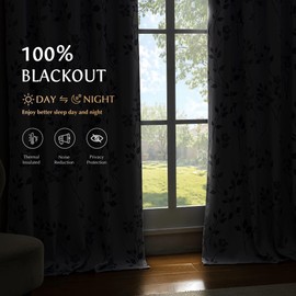 Beauoop Floral 100% Blackout Curtains 84 Inch Length 1 Panel for Patio Sliding Door Extra Wide Grey White Flower Patterned Divider Room Darkening Thermal Soundproof Grommet Window Drapes,100x84, 1 set