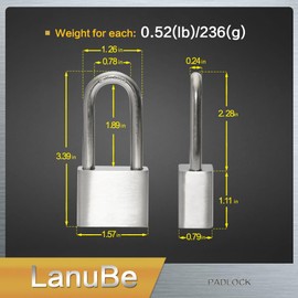 Lanube 304 Stainless Steel Keyed Alike Marine Padlocks for Outdoor use, 1-9/16 inch Wide Body, Stainless Steel Body Long Shackle, Pack of 2