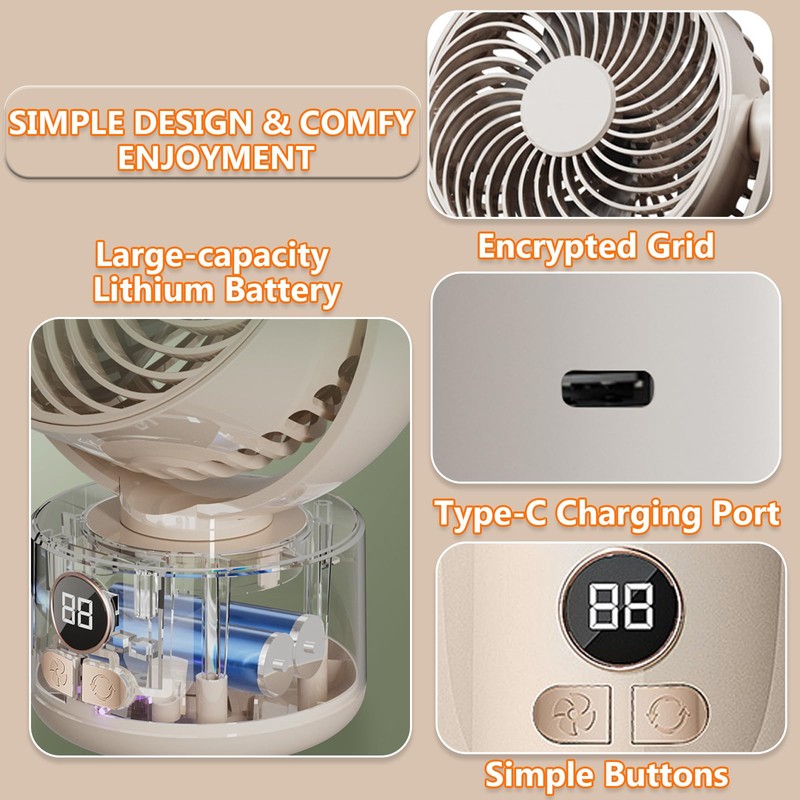 SYBOYEGE 3-Speed USB Desktop Fan with 3600mAh Battery | Quiet