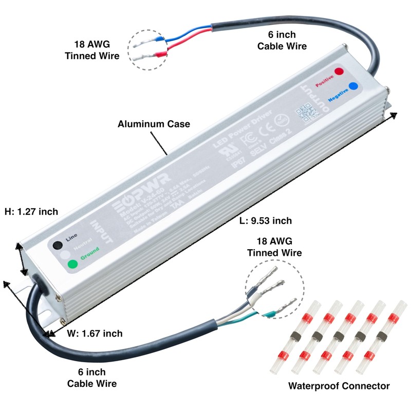 EOPWR LED Driver 60W Waterproof IP67 Power Supply AC120-277V to