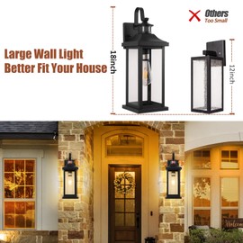 Roravilila 1-Pack 18 Inch Motion Sensor Front Porch Light IP65 Waterproof, Large Black Dusk to Dawn Outdoor Wall Lighting for House Exterior Light Fixture Clear Glass Garage Coach Light, E26 Bulb Base