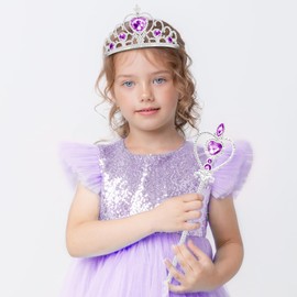 Cocojeci Tiara for Little Girls Princess Crown, Princess Dress Up Tiara and Wand Birthday Crown for Girls 3-6 Kids Play Jewelry (Heart Purple Wand, 2)