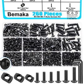 Bemaka 260PCS M3 M4 M5 T Slot Nut Screws Kit, T Nuts and Bolts Assortment Kit for 2020 Series Aluminum Profile, Mlok Screws Nuts Replacement