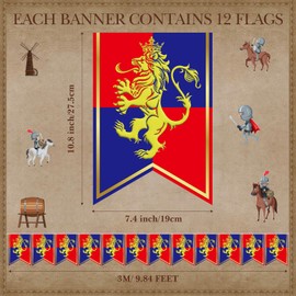 Hestya 5 Pcs 49ft Medieval Party Decorations Medieval Fantasy Bunting Banner with Lion Design Medieval Knight Banners Medieval Hanging Decorations for Medieval Fairytale Birthday Party Supplies