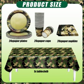 24 Guest Camouflage Party Tableware Set, 9 Inch Diameter Dinner Plate, Army Birthday Theme, Warrior Party Table Decoration, Camping Outdoor Party Tableware