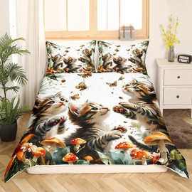 Feelyou Kids Cartoon Cat Bedding Set Twin Size Cute Animal Cat Floral Duvet Cover Teens Kids Boys Girls Home Decor Kawaii Cat Butterfly Comforter Cover Soft All Season Bedspread Cover,No Comforter