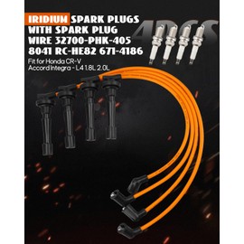 Quaneguzy Iridium Spark Plugs with Wire Set 4 PCS Fit for Acura Integra L4 1.8L 1992-2001, Fit for Honda CR-V L4 2.0L 1997-2001 Replace 32700-PHK-405 8041 RC-HE82 671-4186