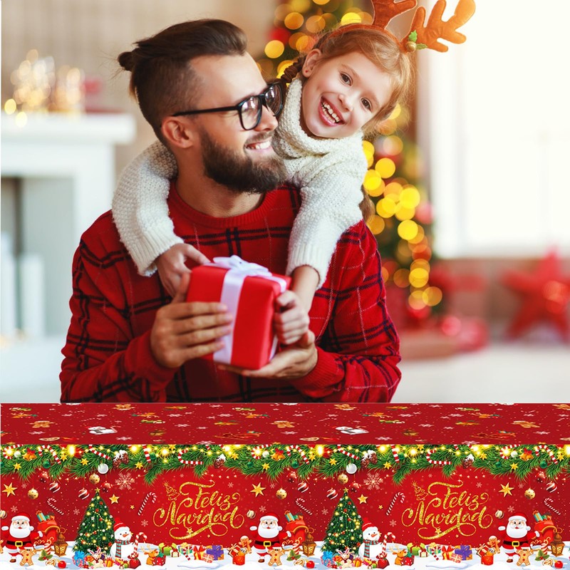 PHOGARY 2 Pcs Feliz Navidad Tablecloths Christmas Tablecloth, Santa Claus