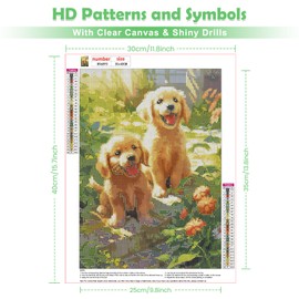 QENSPE 5D Diamond Painting Puppy Diamond Painting Pictures DIY Full Round Diamond Art Set Adult Dog Diamond Art Painting Embroidery Set Cross Stitch Pictures Home Wall Decor 30 x 40 cm