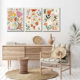 ZQARTZZQ Abstract Flower Market Wall Art vintage Floral Decor Framed Canvas Prints Set of 3 Colorful plant Decor Minimalist Pictures Painting for Living Room Bedroom Dining Room Bathroom 12x16in