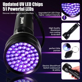 ANYGO 51 LED UV Black Light Flashlight, 395nm Portable Ultraviolet Pet Urine Detector for Dog Cat Stains, Bed Bugs, Scorpions, Resin Curing, Keychain Flashlight & Battery Included