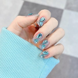 Press on Nails Short Aritifical Square Fake Nails Green Water Drop Style Heart Rhinestones Design French Acrylic False Nails Full Cover Coffin Nails Nature Fit Stick on Nails Glue on Nails for Women