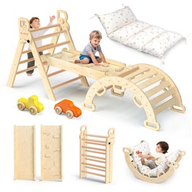 BlueWood Pikler Triangle Set with Cushion - Climbing Toys for Toddlers 9-in-1, Montessori Philosophy Play Jungle Gym with Arch, Ramp, Ladder (Natural Color)