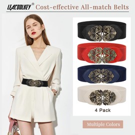 LEACOOLKEY - Paquete de 4 cinturones de cintura ancha clásico para mujer, cinturón elástico con hebilla entrelazada retro, I-black+red+navy blue+beige, Suit for waist size 27"-31"