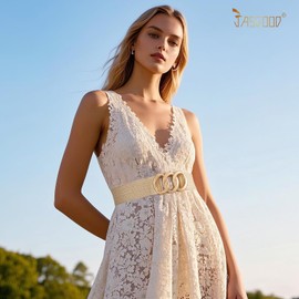 JASGOOD Wide Straw Woven Stretchy Belt for Women Boho Braided Elastic Dress Waist Belt for Ladies,Beige