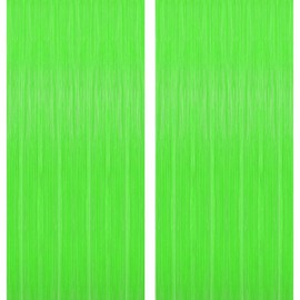 2 Pack Fluorescent Macaron Green Foil Fringe Curtains, Glow in The Dark Party Supplies Photo Booth Prop Party Streamer Backdrops, Birthday Party Decor Decorations, 3.3x6.6 ft