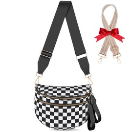 Checkered Crossbody Bag Bum Bags for Women Large Nylon Checkered Purse Fanny Packs Sling Bag, Bonus with a Extra Strap