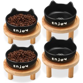 Honeydak 4 Set Shallow Elevated Cat Bowls with Bamboo Stand Ceramic Dishes Suitable for Feeding Stations for Pets Comfortable Eating Indoor Use for Cats and Kittens(Black)