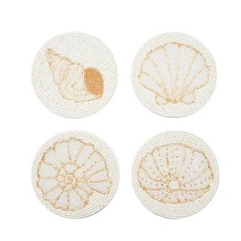Beachcombers Beaded Shell Coasters Set of 4, S/4 White and Gold