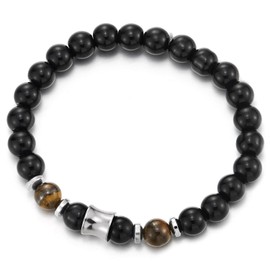 COOLSTEELANDBEYOND Mens Black Beads Bracelet with Tiger Eye Accents and Silver Metal Centerpiece, Stretchable, Length 6.69-7.87", Width 0.31", Synthetic Black Onyx and Tigereye Stone, no gemstone