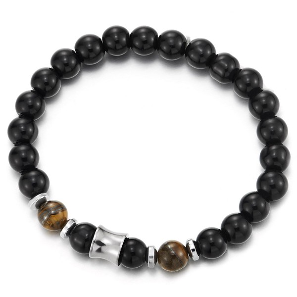 COOLSTEELANDBEYOND Mens Black Beads Bracelet with Tiger Eye Accents and