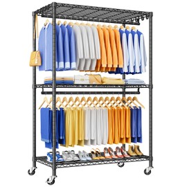 ULIFHOME P8 Heavy Duty Clothes Rack（With Extended Width Design） Rolling Clothing Racks for Hanging Clothes，Portable Garment Rack with Lockable Wheels，51.2" W x 15.8" D x 80.5" H，Max Load 700LBS，Black