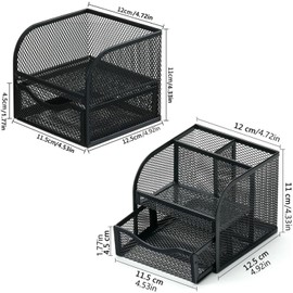 FORKLS Desk Organiser - Metal Mesh Pen Holder with 4 Storage Compartments and Pull-Out Drawer - Compact Stationery Holder for Office Supplies, Home & School