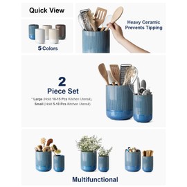 LE TAUCI Utensil Holder, 7.3"+5.4" Ceramic Kitchen Utensil Holder for Countertop, Large Cooking Utensil Crocks Gift for Mother's Day, Costal Ocean Home Kitchen Decor, Set of 2,Glaze Marble Blue