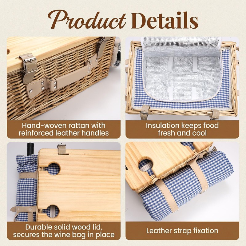 Wicker Picnic Basket Set for 4 with Detachable Table, Portable