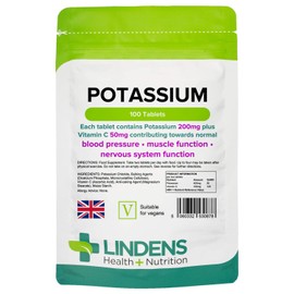 Lindens Potassium 200mg Tablets with 50mg Vitamin C - 100 Tablets - Contributes to Normal Blood Pressure, Muscle Function and Nervous System Function - UK Manufacturer, Letterbox Friendly