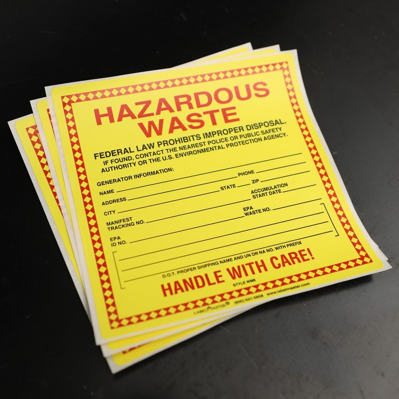 Hazardous Waste Labels, 6 x 6 inches, Red/Black/Yellow, Self-Adhesive Vinyl,