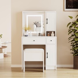 PROXRACER Makeup Vanity Desk Set with Mirror and Lights Stool Compact Dressing Table Storage Space Drawers Shelves 3 Lighting Modes for Bedroom or Dorm Room White