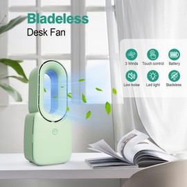 CONBOLA Desk Fan, 11.8 Inch Bladeless Fan Small Table Fan Air Cooler, Portable Rechargeable Breeze Quiet Fan with Touch Control 5-Colors Decorative LED Light for Office Bedroom（Green）
