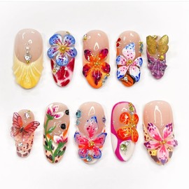 24Pcs Flower Press on Nails Medium Almond Fake Nails 3D Colorful Flowers Butterfly Rhinestones Glitter Designs Full Cover French Tip Stick on Nails Summer False Nails for Women Girls Acrylic Nails
