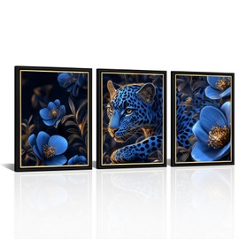 Kalormore 3 Pieces Leopard with Blue Flower Picture Easy to Hang