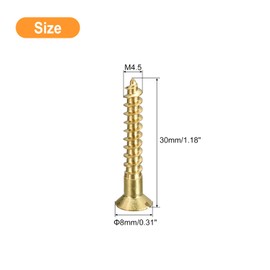 sourcing map Brass Wood Screws, 25Pcs M4.5 x 30mm Slotted Drive Flat Head Self Tapping Screw Countersunk for Woodworking Furniture