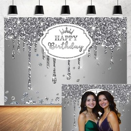 Silver Happy Birthday Backdrop Silver Birthday Party Decorations Glitter Diamonds Happy Birthday Background Photo Photography Banner for Men Women Birthday ，8X6FT