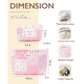 Sminra 2 Pieces Floral Makeup Bag, Cute Travel Quilted Cotton Small Cosmetic Bag Organizer, Coquette Aesthetic Preppy Pouch Purse Toiletry Bag for Women Girls accessories