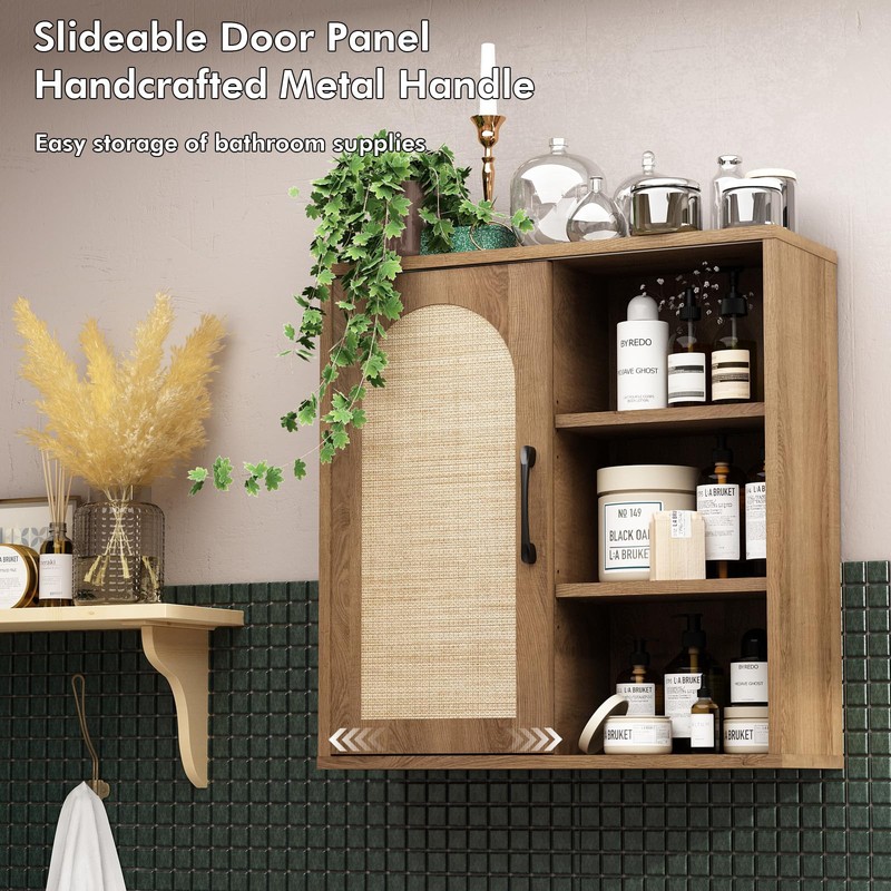 RUSTOWN Boho Rattan Wall Cabinet, Midcentury Bathroom Cabinet with Sliding