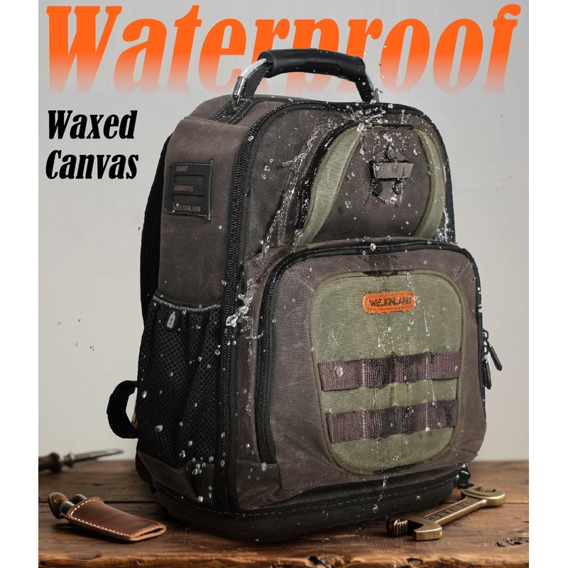 WELKINLAND 36-Pockets Electrician Backpack, Hard-Based HVAC Backpacks, Waxed-Canvas Technician Backpack,